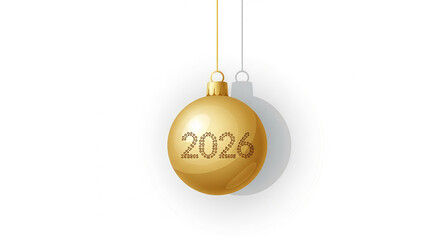 Shiny golden 2026 ball ornament with a red ribbon for holiday celebration decoration