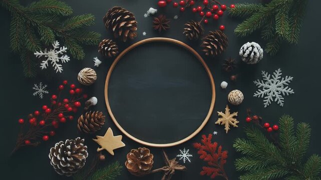 A festive Christmas holiday flat lay composition with natural decorations surrounding a central round wooden frame on a dark background.