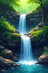 Verdant Terraced Falls A picturesque series of small, interconnected waterfalls cascading down a natural series of moss covered rock terraces. The water creates gentle ripples and a fine spray as it