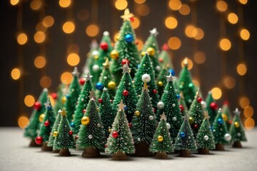 Festive Christmas Tree Pile A whimsical arrangement of miniature, decorated Christmas trees stacked artistically. A whimsical, artistic arrangement of many small, intricately decorated Christmas trees