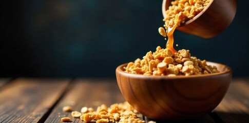 Granola Pour Capturing the satisfying texture and abundance of crunchy granola being poured into a bowl for a perfect breakfast. A dynamic, mid air shot capturing a stream of golden brown granola