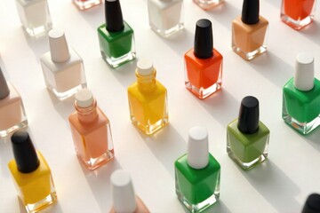 Minimalist nail polish bottles artfully arranged on a pristine white background with soft shadows. High angle studio shot of several different colored nail polish bottles artfully arranged in a clean,
