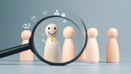 Magnified wooden figurine with icons of achievement, evoking talent recognition, personal growth, and visionary selection.