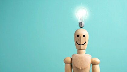 Smiling wooden mannequin with glowing bulb overhead, evoking joyful insight, creative spark, and minimalist clarity.