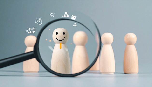 Magnified wooden figurine with icons of achievement, evoking talent recognition, personal growth, and visionary selection.