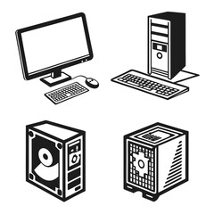 Four black computer icons on white background desktop