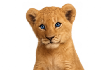 Lion cub portrait looking with bright blue eyes, cute young savanna animal on transparent background