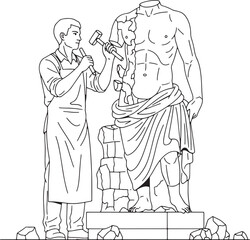 Line drawing of a monumental sculpture featuring figures and abstract elements