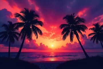 Silhouetted Bali coconut palms against a dramatic twilight sky, vibrant colors and serene island atmosphere. Tall, elegant silhouettes of coconut palm trees stand against a dramatic and vibrant