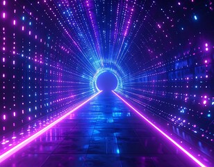 Neon tunnel with glowing lights and futuristic feel, towards a portal