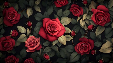 Elegant red rose flowers with green leaves on black background – natural floral pattern illustration design