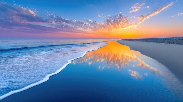 Vibrant Sunset Over a Tranquil Ocean Beach with Gentle Waves Reflecting the Golden and Pink Sky and Soft Clouds