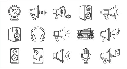 Collection of Loud Speaker Related Line Icons, Outline Signs for Graphic and Web Design, Apps, Adverts, Various Cards, Vector Cartoon Illustration with Megaphone, Speaker, Headphones, Microphone, and