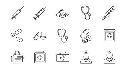 Collection of outline medical icons for apps, websites, banners, and infographics, featuring syringes, stethoscopes, pills, thermometers, first aid kits, and doctors, all hand-drawn with thin lines