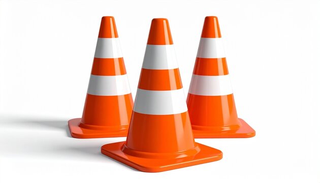 Three orange traffic cones on white, evoking caution, structure, and minimalist safety symbolism.