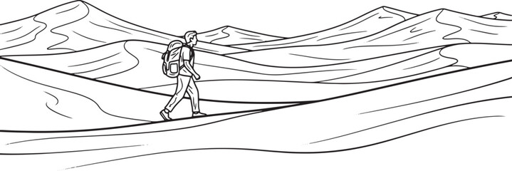 Lone hiker navigates vast desert landscape with distant mountains