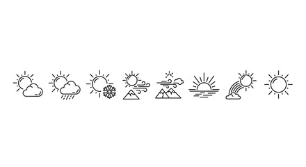 Set of thin line icons representing various weather conditions and natural phenomena, including sun with clouds, rain, snow, wind, mountains, sunrise over water, and a rainbow, all editable and