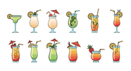Collection of vibrant and refreshing beach cocktails, perfect for summer promotions, infographics, articles, books, flyers, and banners. This editable stroke vector cartoon illustration features a