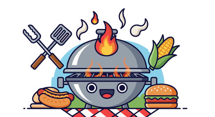 Vibrant and playful illustration of a happy cartoon barbecue grill with flames, surrounded by classic picnic foods like a hot dog and hamburger, alongside corn on the cob and grilling utensils