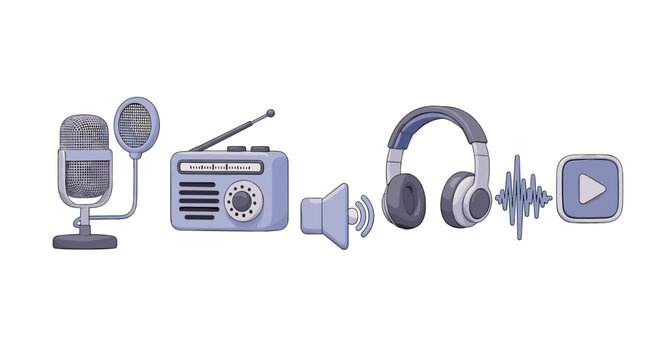 A charming 3D cartoon illustration set featuring essential audio and podcasting equipment, including a vintage microphone, a retro radio, headphones, a speaker icon, a sound wave, and a play button - Powered by Adobe