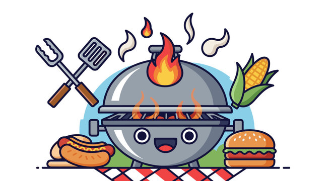 Vibrant and playful illustration of a happy cartoon barbecue grill with flames, surrounded by classic picnic foods like a hot dog and hamburger, alongside corn on the cob and grilling utensils