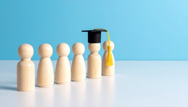 Wooden figurines with one wearing a graduation cap, evoking achievement, distinction, and personal growth.