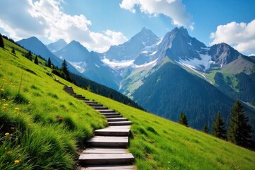 Alpine Serenity A Wooden Staircase Leading Towards Snow Capped Colorado Peaks A rustic wooden staircase ascending through a vibrant alpine meadow filled with wildflowers. In the background, majestic,