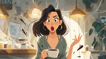 Surprised Woman Spills Coffee in Café After Sudden Ringtone