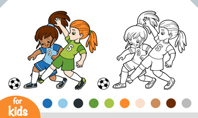 Naklejka premium Coloring book page for children, two happy girls playing football. Fun and educational printable activity for preschool and kindergarten kids for sports projects.