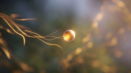 Microscopic biological particle with organic strands illuminated by warm light