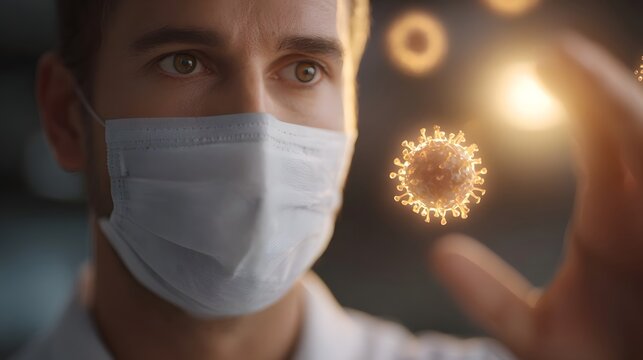 A masked scientist examines a glowing microscopic virus particle
