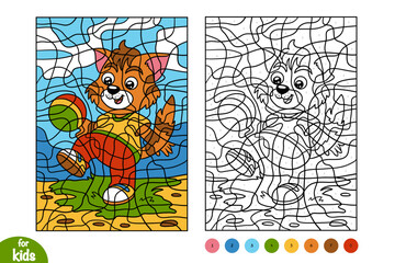 Cute cat character with a ball. Color by number, educational activity game for preschool and kindergarten children. Vector illustration to learn numbers and colors