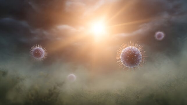Microscopic virus particles float in a bright sunlit misty atmosphere