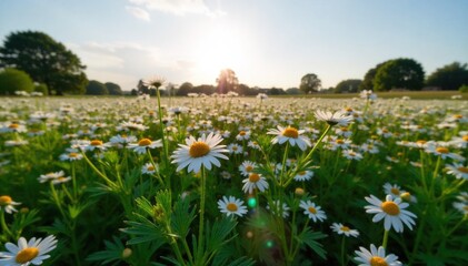 Dewy camomile field at sunrise, peaceful morning light, natural healing, organic beauty, delicate floral essence. A vast field of camomile flowers bathed in the warm, golden light of sunrise. Dewdrops