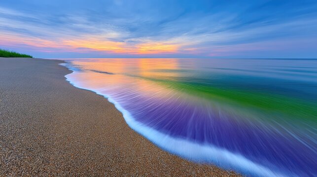 Vibrant Seascape at Dusk with Gentle Waves Kissing a Pebble Beach Under a Colorful Sky Reflected on the Water