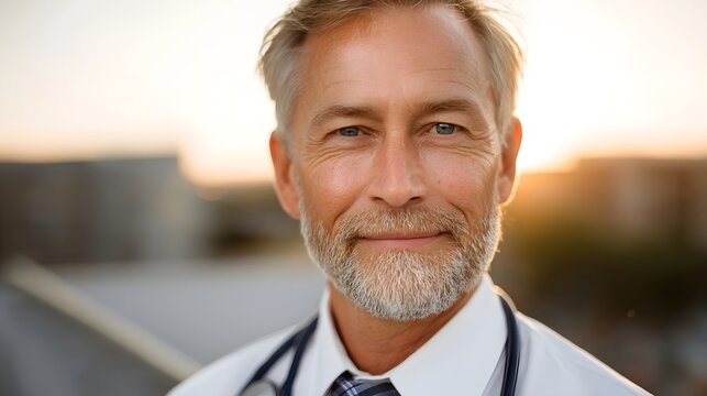 A smiling experienced physician wearing a stethoscope outdoors at sunset