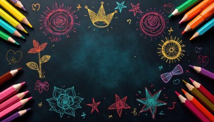 Blackboard with Colorful Chalk Drawings A Visual Depiction of Creative Problem Solving A chaotic yet aesthetically pleasing arrangement of colorful chalk drawings on a dark chalkboard. Focus on