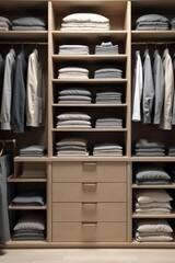 Minimalist closet organization, clean lines, muted tones, elegant hangers, folded stacks, serene aesthetic. A high angle, overhead view of a minimalist closet interior. Smooth, light wood shelves are