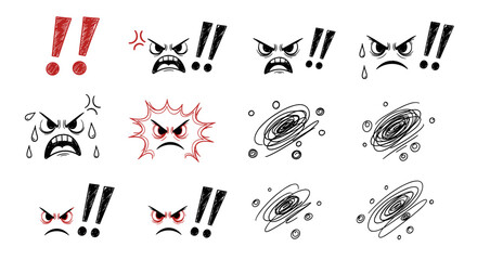 Set of hand-drawn comic and manga style angry expressions, exclamation marks, and dizzy marks, featuring scribbled line art emoticons and anime reactions, perfect for conveying strong emotions and