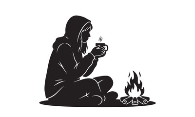 Girl Sitting by Campfire with Hot Drink Silhouette Illustration
