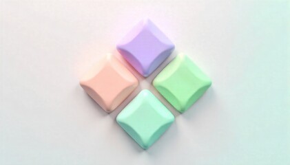 Minimalist diamond shapes in pastel colors, soft gradients, clean background, gentle and serene. Several overlapping, translucent diamond shapes in soft pastel hues of peach, lavender, and mint green.