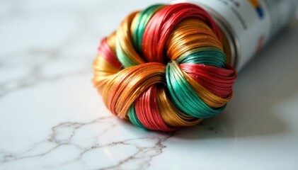 Elegant Updo Styling Tools A meticulously crafted, intricate braided updo hairstyle resting on a pristine white marble surface. Scattered artfully around the hairstyle are high quality, metallic