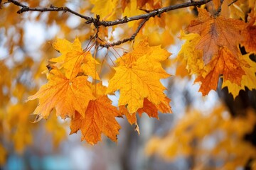 Fototapeta premium Golden maple leaves in autumn sunlight create a vibrant scene.