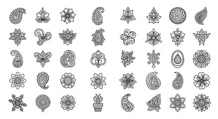 Collection of intricate and decorative henna tattoo designs, including paisley motifs and floral patterns, presented as a clean vector cartoon illustration on a white background, perfect for logos