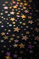 Glistening metallic confetti and star shapes scattered, signifying magical moments and festive party decor. A scattering of glistening metallic confetti and small, shimmering star shapes on a deep,