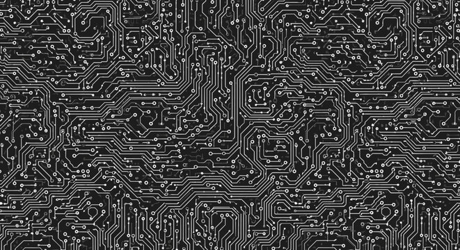 Seamless black and white circuit board pattern, intricate lines and connection points creating a high-tech, electronic pathway design, perfect for technology, data, and innovation themes, abstract
