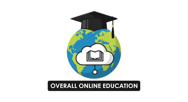 Global Online Education Concept: A Graduation Cap Adorns a Vibrant Earth, Symbolizing Worldwide E-Learning Opportunities, with a Cloud Icon Featuring an Open Book Representing Digital Knowledge and