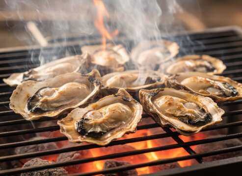 Close-up of fresh oysters grilled over a charcoal fire/炭火で焼き上がる新鮮な牡蠣のクローズアップ  