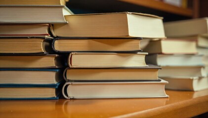A stack of diverse, well loved books on a wooden table, suggesting shared stories and familial bonding. A close up shot of a diverse stack of books, some showing signs of wear, arranged artfully on a