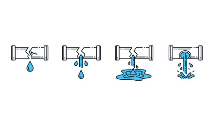 Set of four line icons illustrating a broken pipe with increasing water leakage, from a single drip to a gushing flow, symbolizing plumbing issues and water damage, presented on a clean white